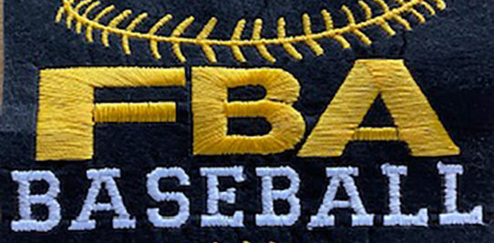 Yellow and white FBA baseball logo custom embroidered onto a black shirt.