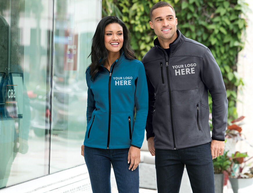 Two people wearing zip up jackets add your logo