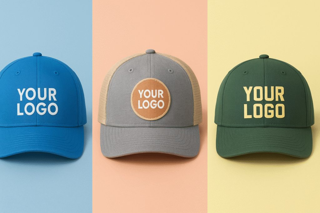 three custom caps, embroidery, patches & printed
