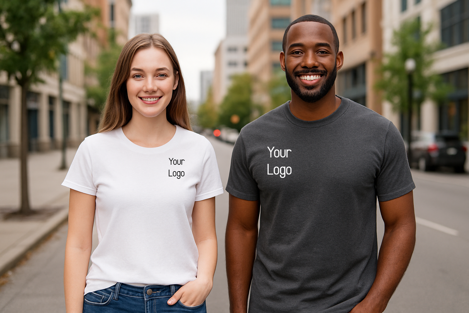 Two people in a downtown setting 